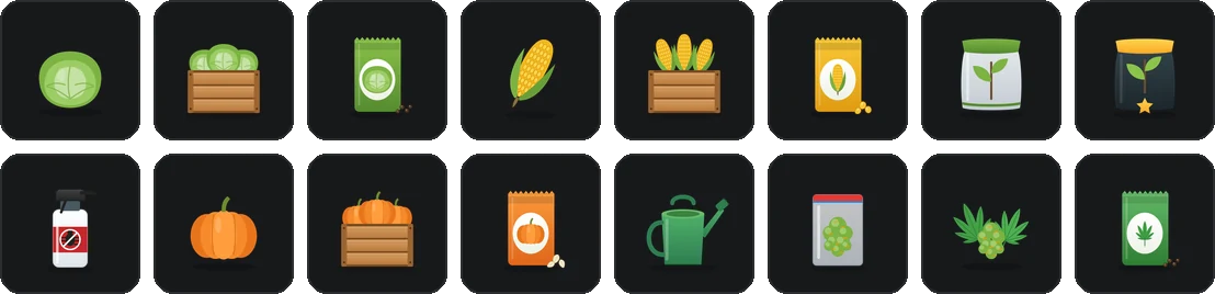 Item icons included: cabbage, cabbage box, cabbage seed, corn, corn box, corn seed, fertilizer, fertilizer premium, pesticide, pumpkin, pumpkin box, pumpkin seed, watering can, weed bag, weed raw, weed seed