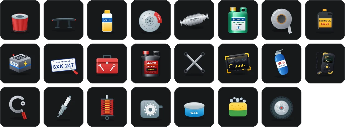 Item icons included: air filter, body kit, brake fluid, brakes, catalytic, coolant, duct tape, engine oil, ev battery, fake plate, fix kit, gearbox oil, lug wrench, mechanic tablet, nitro kit, obd scanner, pipe cutter, spark plugs, suspension, transmission, vehicle wax, wash sponge, wheels