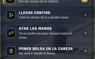 The hostage menu: kneel, take along, tie, bag, shield, search, release
