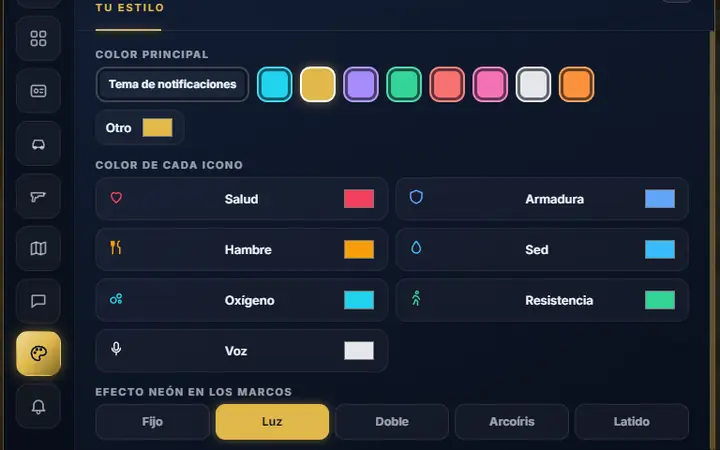 The /hud panel: each player picks the colours of every icon