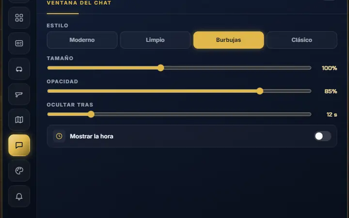 The /hud panel: chat style, size, opacity and fade time