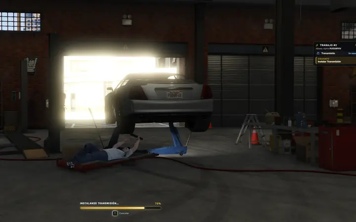 A mechanic installs a transmission under a car on the lift, with the job checklist on screen