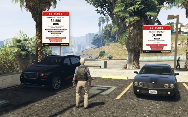 The used-car lot: two cars for sale with their price signs