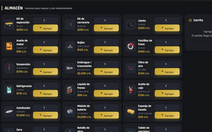 The shop tablet: the parts warehouse with stock and order buttons