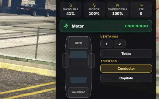 The car menu: engine, doors, windows, seats and lights