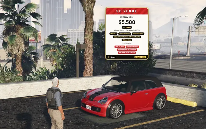 A car for sale with its sign: price, mileage and fitted parts
