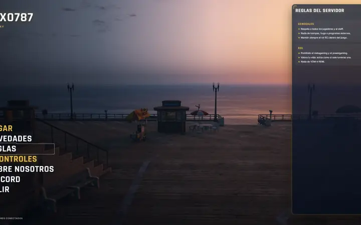 The title screen at the pier at sunset, with the server rules open