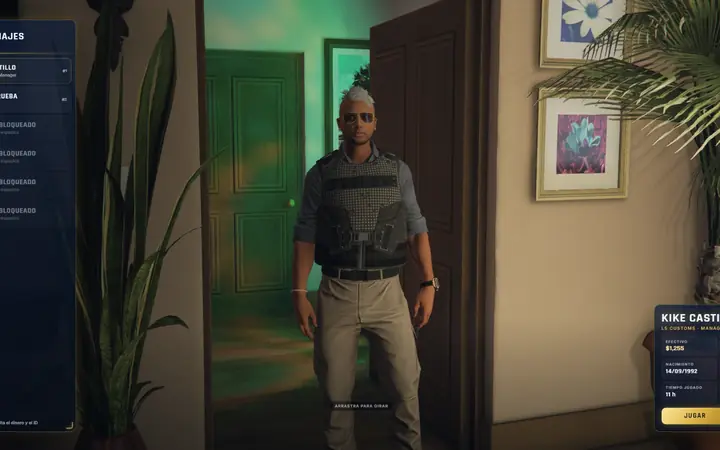 The character selector with the character standing in the scene